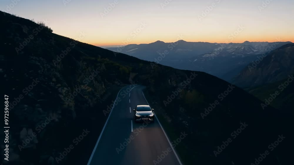 Luxury car driving along a narrow mountain road at dusk, with ...