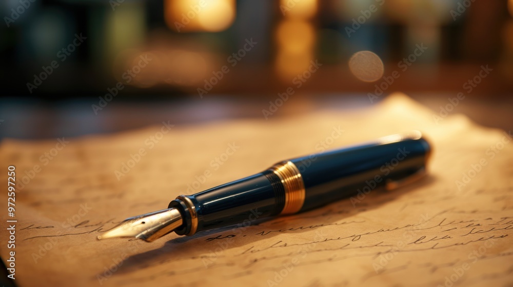 Classic fountain pen on a parchment paper. Classic fountain pen on a parchment paper.