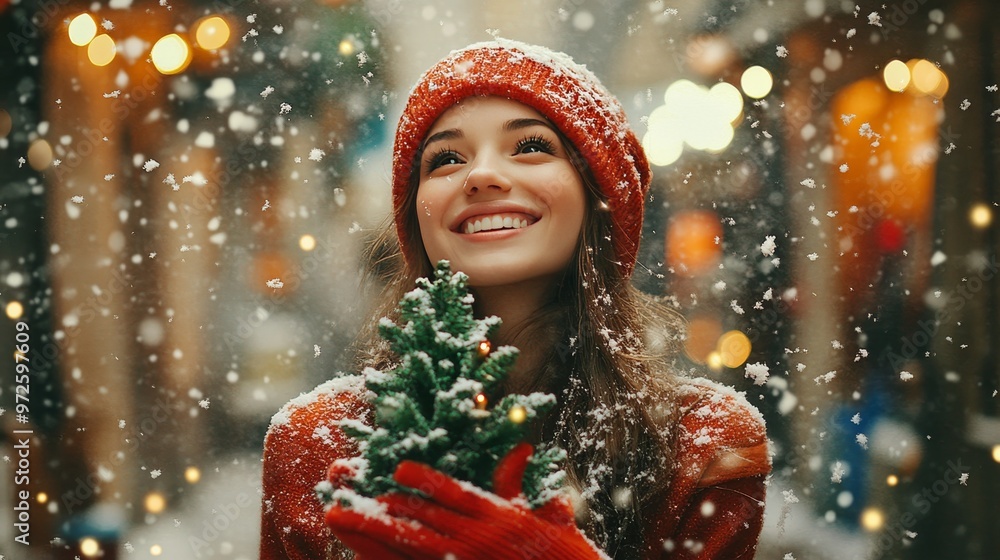 Christmas Magic Womans Joy Under Snowy City Lights with Small Tree, Winter Wonderland Scene Christmas Magic Womans Joy Under Snowy City Lights with Small Tree, Winter Wonderland Scene