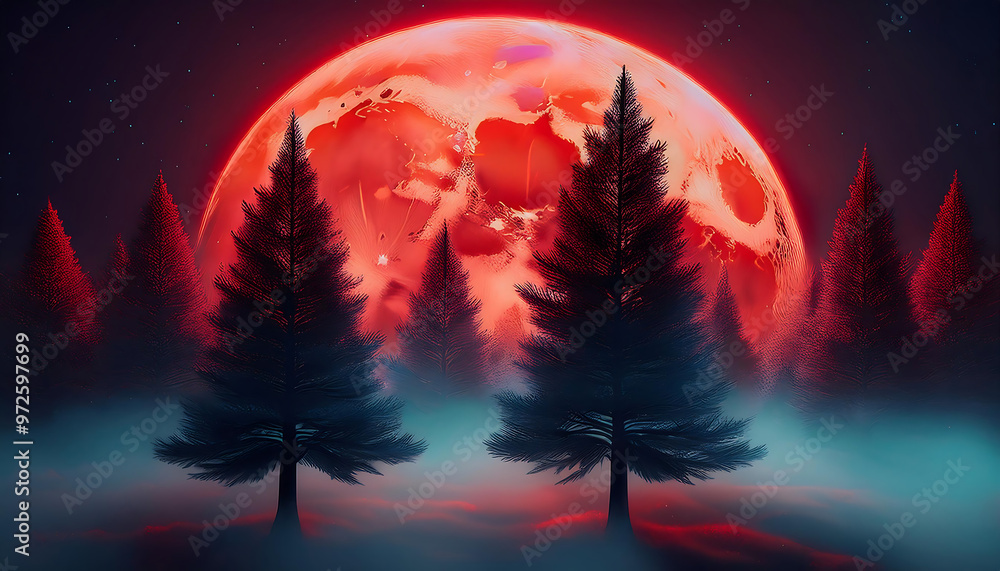 Pine trees in front of a big red moon, with fog rolling in, creating a ...
