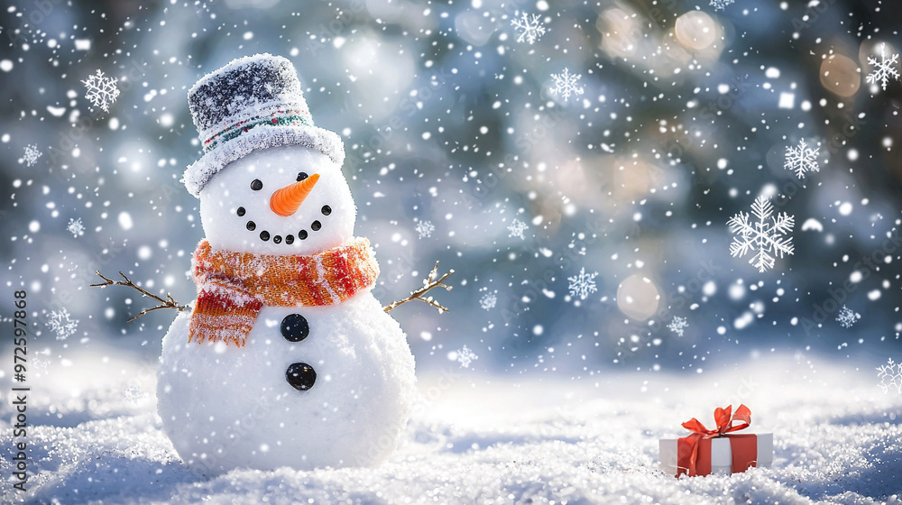 Obraz premium A cheerful snowman standing in a snowy winter scene with festive decorations and a holiday vibe