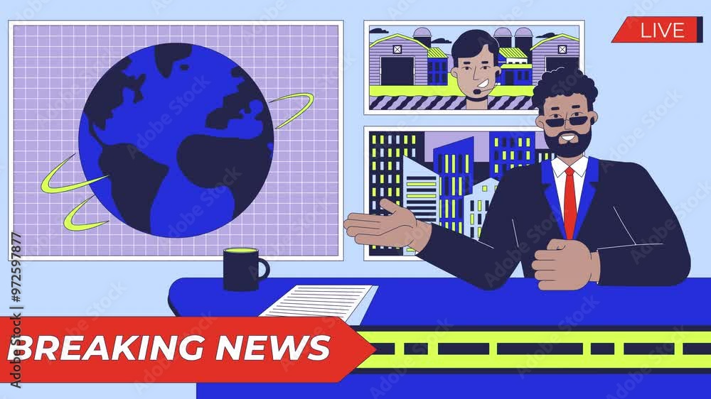 Breaking news anchor cartoon animation. Journalist reporting to anchorman. 4K video 2D motion graphic. Male newscaster talking to reporter animated characters on broadcasting program TV background Breaking news anchor cartoon animation. Journalist reporting to anchorman. 4K video 2D motion graphic. Male newscaster talking to reporter animated characters on broadcasting program TV background
