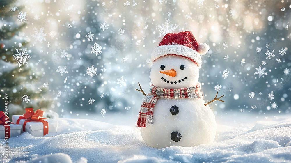 A cheerful snowman standing in a snowy winter scene with festive decorations and a holiday vibe A cheerful snowman standing in a snowy winter scene with festive decorations and a holiday vibe