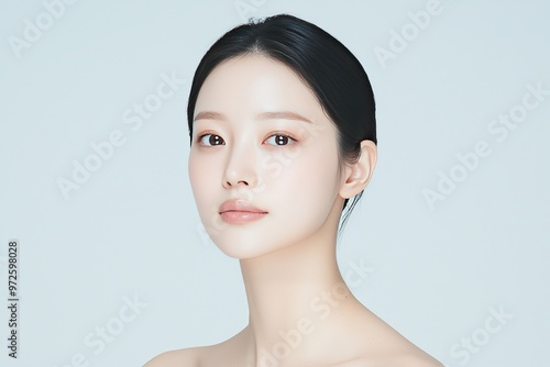 young South Korean cosmetic model, A beautiful model with very light makeup, perfect skin and a smooth face