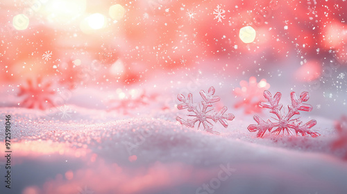 Festive Snow Scene with Red Snowflakes and Bokeh Lights