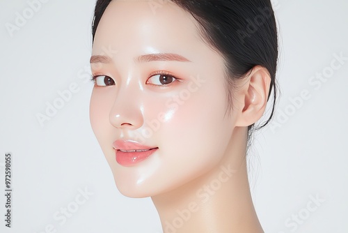 young South Korean cosmetic model, A beautiful model with very light makeup, perfect skin and a smooth face