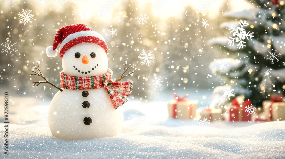 A cheerful snowman standing in a snowy winter scene with festive decorations and a holiday vibe A cheerful snowman standing in a snowy winter scene with festive decorations and a holiday vibe