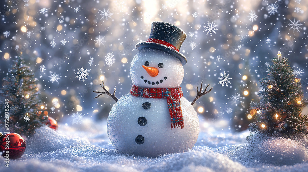 A cheerful snowman standing in a snowy winter scene with festive decorations and a holiday vibe A cheerful snowman standing in a snowy winter scene with festive decorations and a holiday vibe
