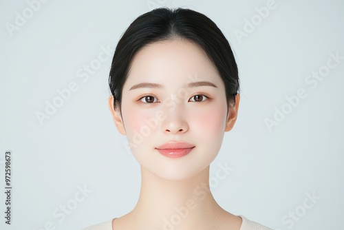 young South Korean cosmetic model, A beautiful model with very light makeup, perfect skin and a smooth face