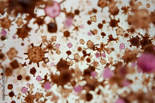 microscopic view displaying diverse bacteria colonies on soil surface variety of shapes and colors