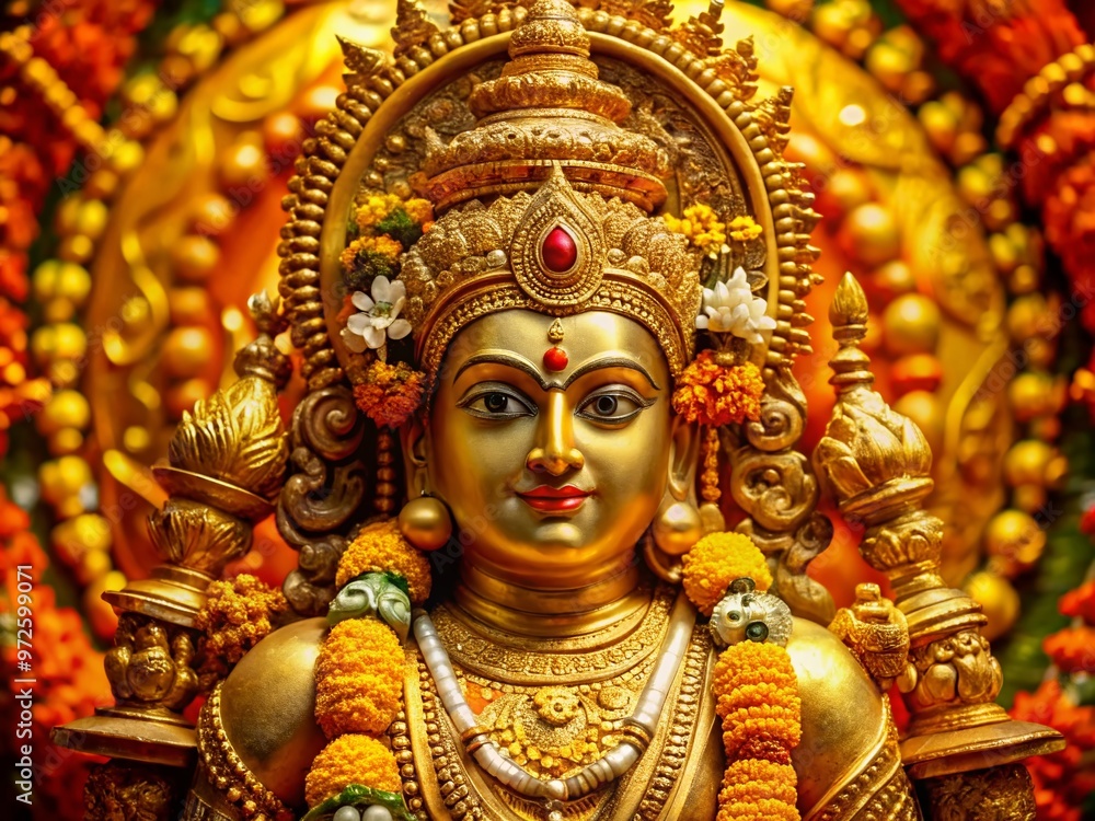 Golden idol of revered Hindu deity with intricate carvings, adorned with garlands and ornaments, set against a vibrant Golden idol of revered Hindu deity with intricate carvings, adorned with garlands and ornaments, set against a vibrant