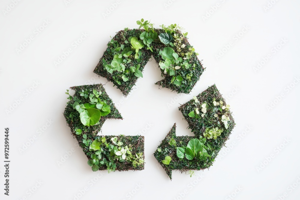 green recycle eco symbol made out of green leaves and branches, white background, recycling green recycle eco symbol made out of green leaves and branches, white background, recycling