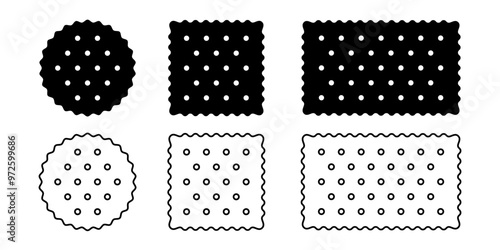 Set of whole cracker icons. Sweet or salty biscuit cookies in round, square and rectangle shapes. Popular crunchy snacks isolated on white background. Children treats. Vector graphic illustration.