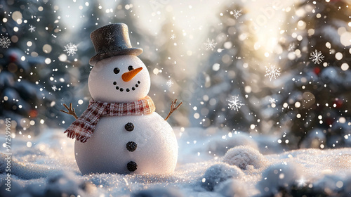 A cheerful snowman standing in a snowy winter scene with festive decorations and a holiday vibe