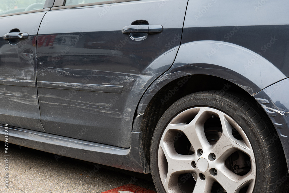 Dented and scratched car wheel arch bodywork. Generic car, front view, no people Dented and scratched car wheel arch bodywork. Generic car, front view, no people