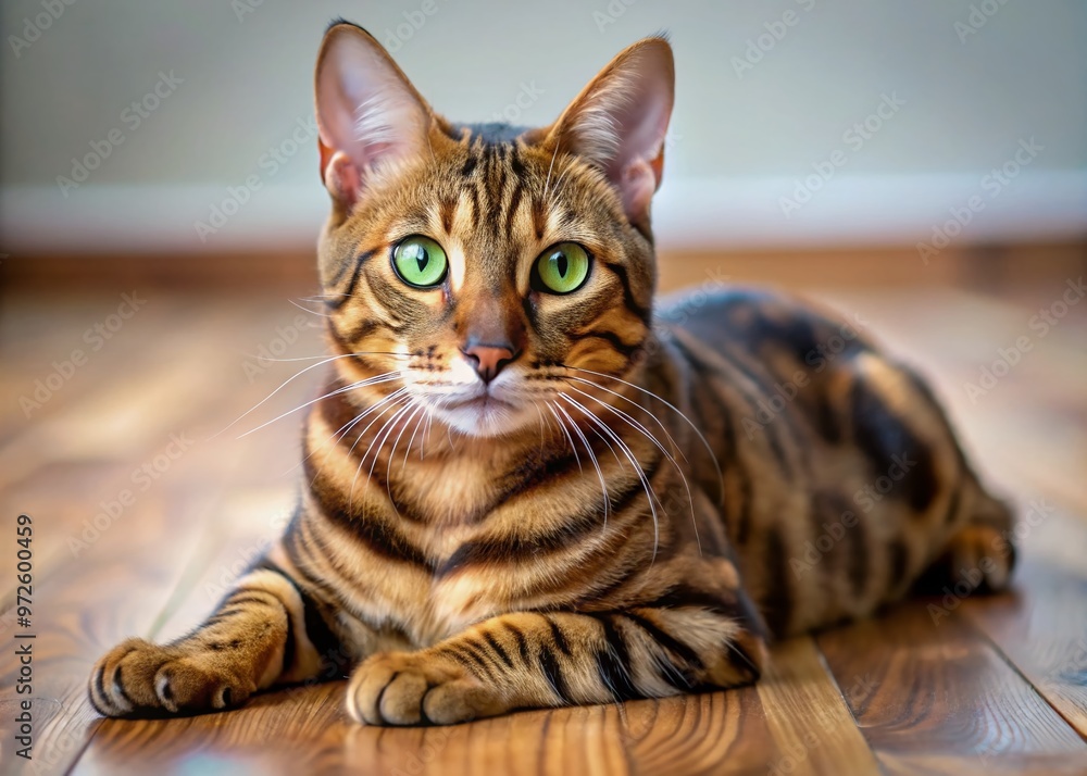 Gorgeous Sokoke cat with striking brown and black coat patterns lounges on a natural wood floor, showcasing its Gorgeous Sokoke cat with striking brown and black coat patterns lounges on a natural wood floor, showcasing its