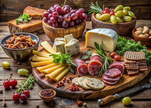 Gourmet arrangement of cured meats, artisanal cheeses, fresh fruits, nuts, and crackers on a rustic wooden table,