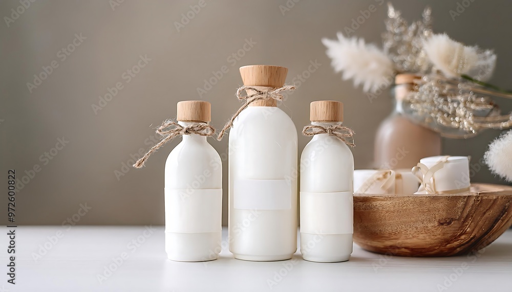 Organic beauty bottles mock up with wooden caps and twine, styled in a soft, nature-inspired scene with ample copy space. Graphic art illustration. Ai Generated Organic beauty bottles mock up with wooden caps and twine, styled in a soft, nature-inspired scene with ample copy space. Graphic art illustration. Ai Generated