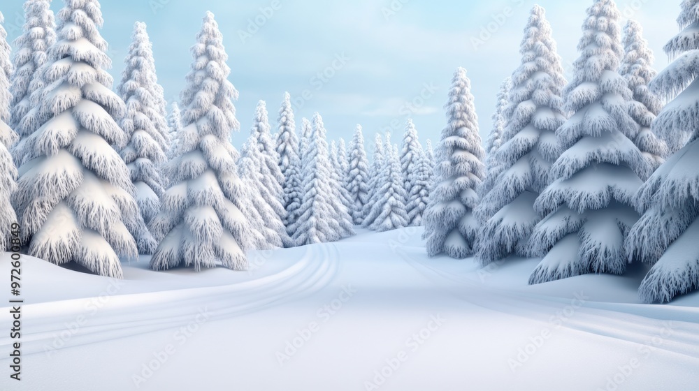 A snow covered forest with a road in the middle, AI A snow covered forest with a road in the middle, AI