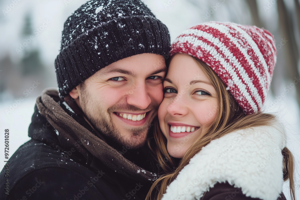 Happy couple with wooly hats in winter smiling Happy couple with wooly hats in winter smiling