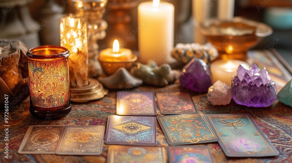 A mystical tarot card reading setup with candles and crystals in a cozy, warm atmosphere during the evening hours A mystical tarot card reading setup with candles and crystals in a cozy, warm atmosphere during the evening hours