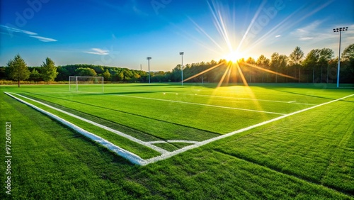 Green grass football field with freshly painted white lines, hash marks, and goalposts, illuminated by sunlight casting photo