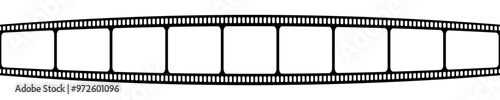 Blank curved film strip. Video or photo camera tape template. Storyboard layout. Frame for photographies collage isolated on white background. Cinematography equipment. Vector graphic illustration.
