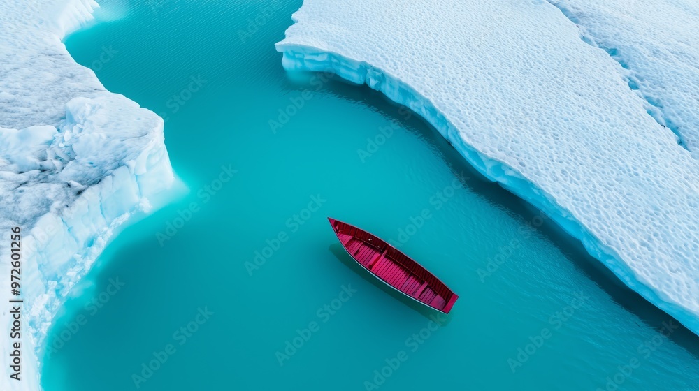 Obraz premium Lone boat floating amidst melting ice in a calm blue sea, surrounded by glacial formations, aerial perspective, polar expedition, adventure in icy waters