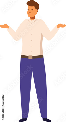 Businessman shrugging with open arms, clueless man showing ignorance gesture