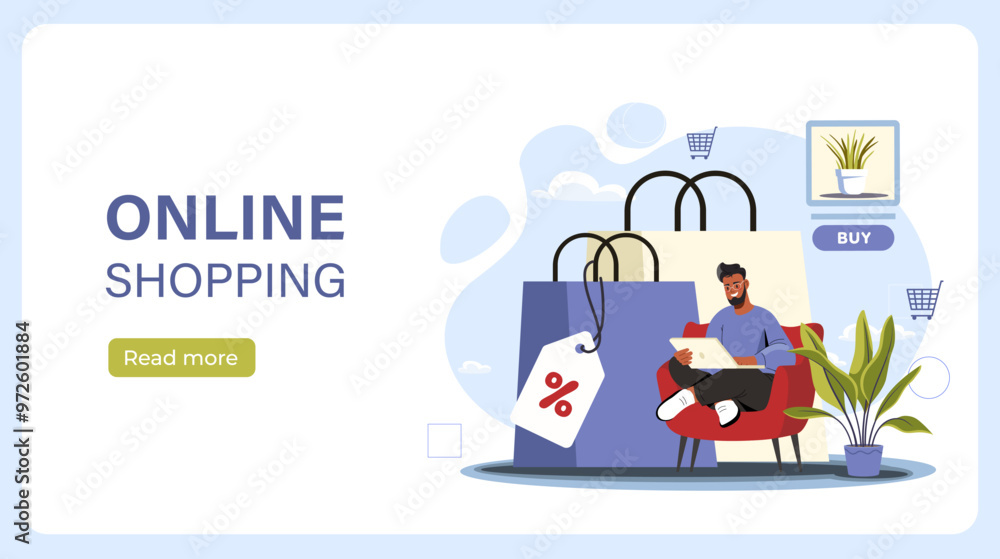 Man with online shopping poster. Young guy with laptop sits near huge shopping bags. Electronic commerce and marketing. Landing page design. Flat vector illustration isolated on blue background Man with online shopping poster. Young guy with laptop sits near huge shopping bags. Electronic commerce and marketing. Landing page design. Flat vector illustration isolated on blue background