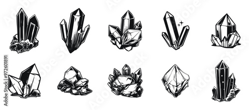 Black crystal formations vector illustration. Various shapes and clusters of black gemstones in a detailed style.