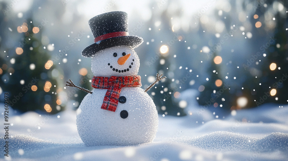 A cheerful snowman standing in a snowy winter scene with festive decorations and a holiday vibe A cheerful snowman standing in a snowy winter scene with festive decorations and a holiday vibe