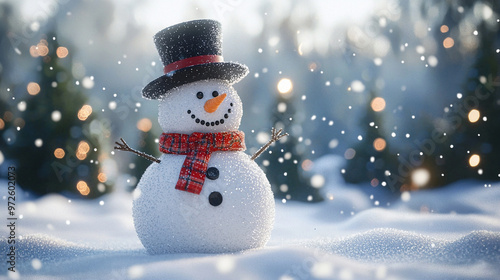 A cheerful snowman standing in a snowy winter scene with festive decorations and a holiday vibe