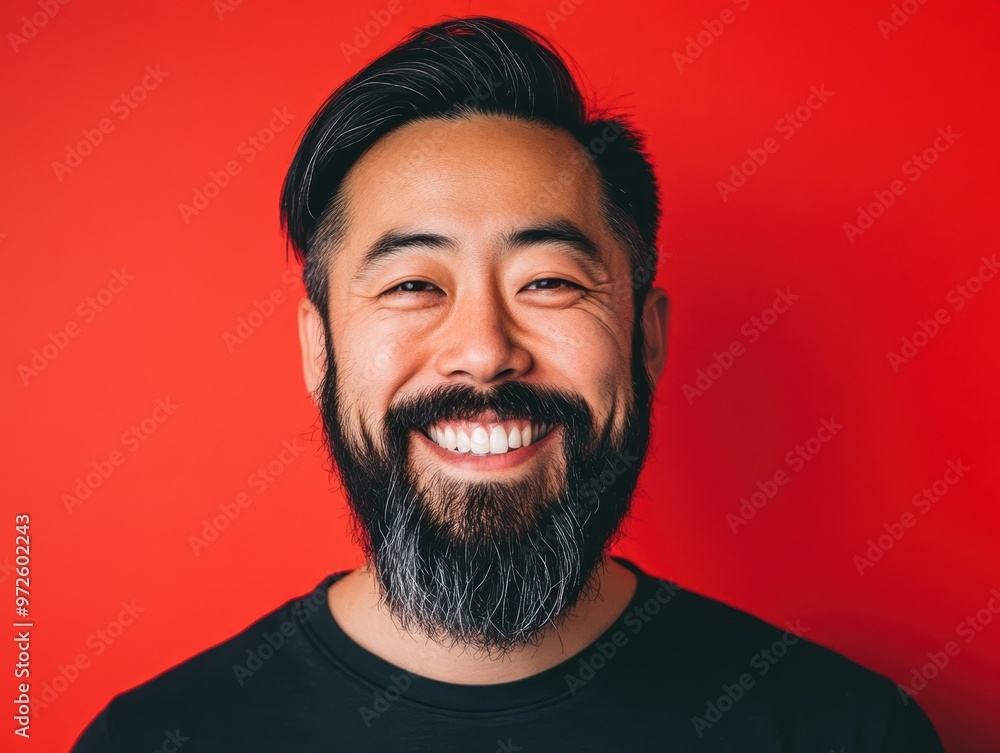 Smiling Man With Black Beard Against Red Background, Generative AI. Smiling Man With Black Beard Against Red Background, Generative AI.