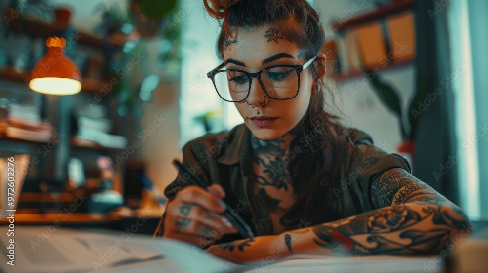 Photo of a tattooed woman sitting at a desk in an office and studying. Photo of a tattooed woman sitting at a desk in an office and studying.