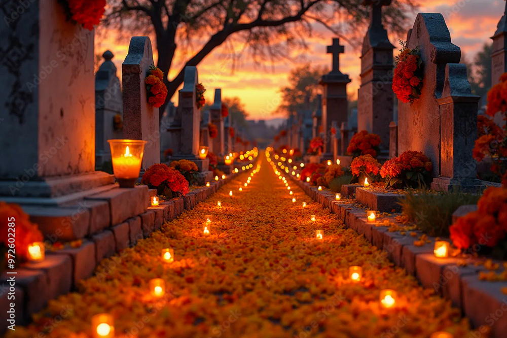 Cemetery - Dia de los muertos - day of the dead - Candles & Marigold - AI generated Cemetery - Dia de los muertos - day of the dead - Candles & Marigold - AI generated