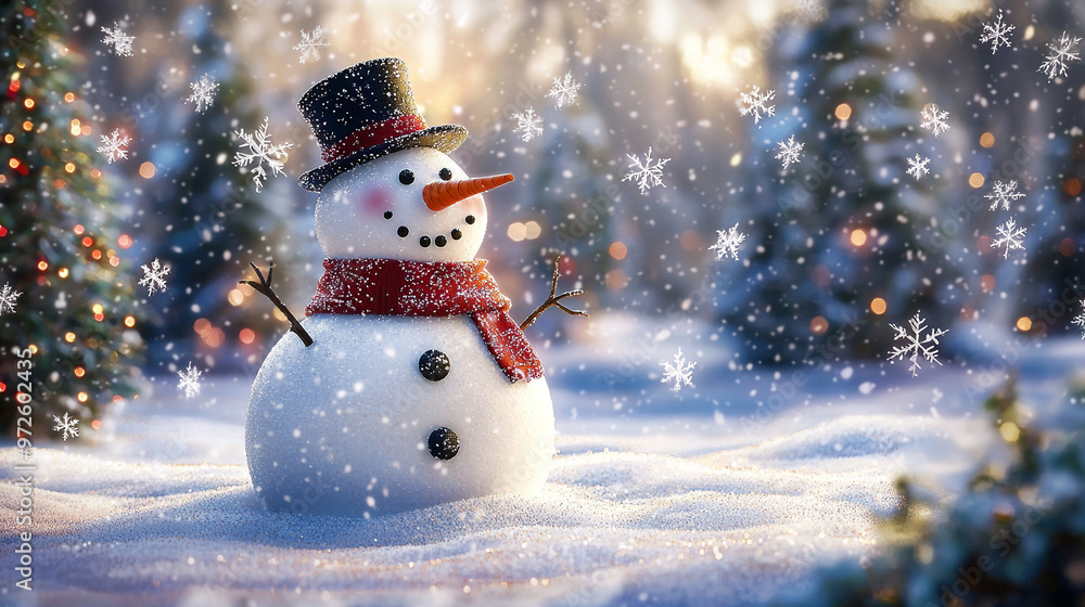 A cheerful snowman standing in a snowy winter scene with festive decorations and a holiday vibe A cheerful snowman standing in a snowy winter scene with festive decorations and a holiday vibe