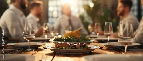 A group of professionals having a business lunch or dinner meeting at a restaurant with a meal served on a wooden table, focus on the food.