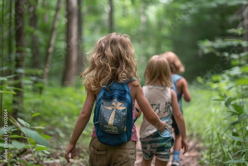 Children Exploring Forest Trail with Backpacks on Adventure Hike in Summer