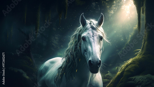 White beautiful mystic horse, stallion or mare in the dark green shiny forest. A mythical innocence beasts.