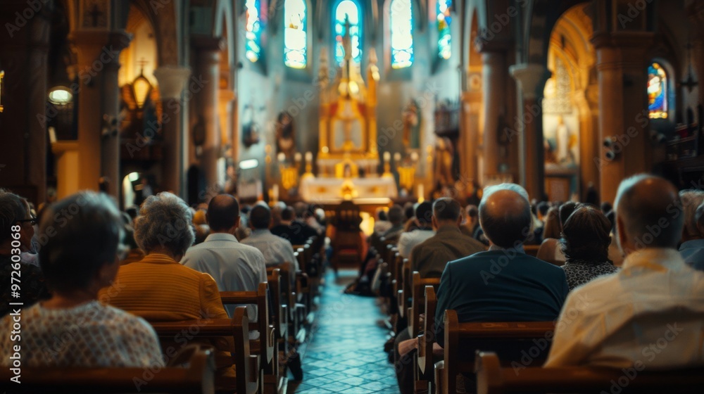 A church filled with people sitting in pews A church filled with people sitting in pews
