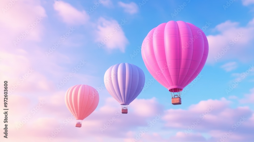 Three hot air balloons flying in the sky with a pink one, AI Three hot air balloons flying in the sky with a pink one, AI