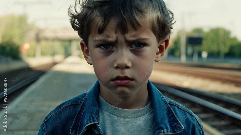 Young boy frowning and showing sad emotion at train station Young boy frowning and showing sad emotion at train station