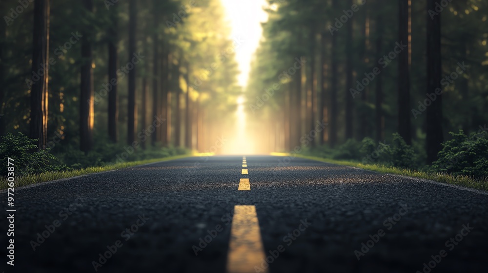 Fototapeta premium Serene forest road stretching through a dense canopy, illuminated by soft sunlight, creating a tranquil and peaceful atmosphere.