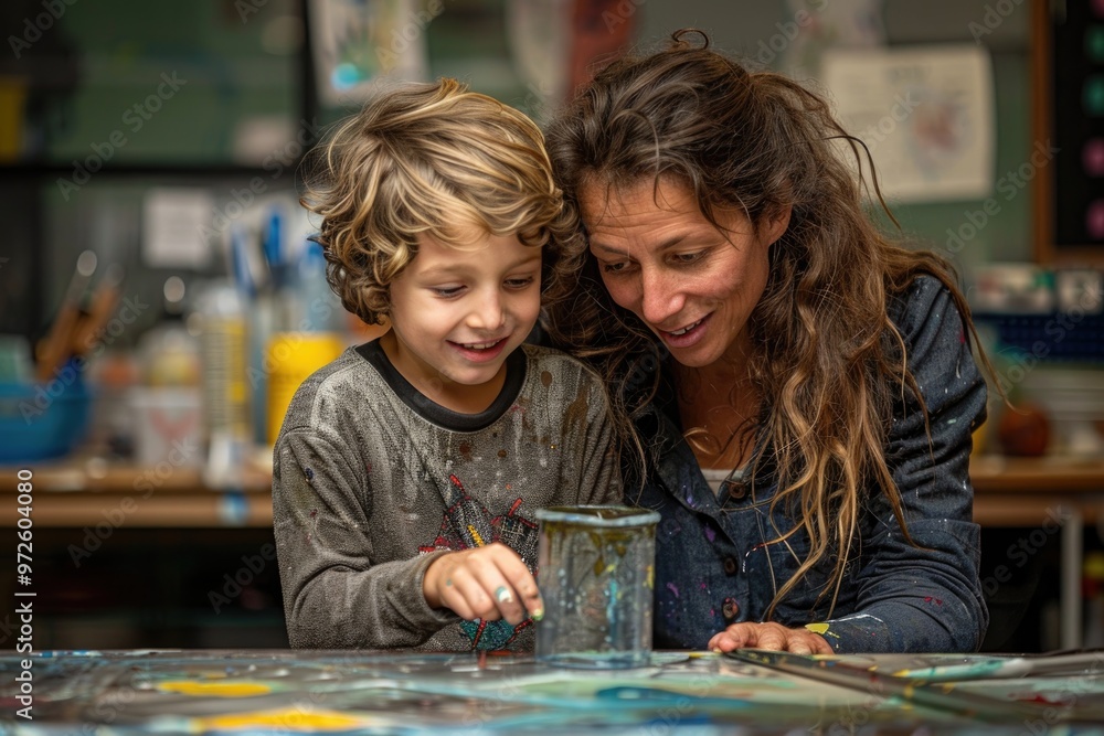 Fototapeta premium Mother and Child Painting Together: Joyful Art Session in Colorful Home Studio