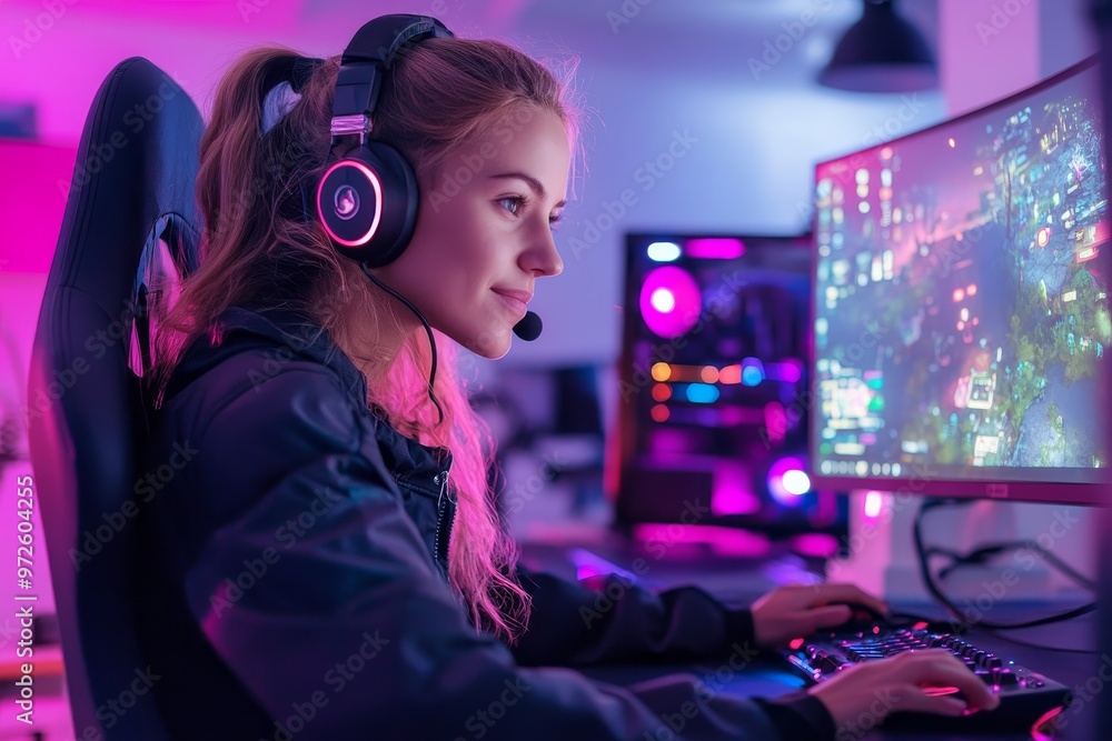 Young woman engaged in an immersive gaming session in a colorful, modern setup during the evening hours Young woman engaged in an immersive gaming session in a colorful, modern setup during the evening hours