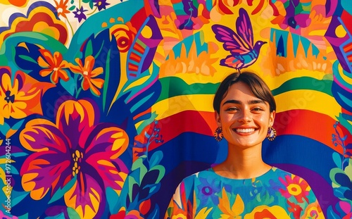 A vibrant celebration of culture and art featuring a woman in colorful attire smiling against a backdrop of intricate floral patterns in a sunny outdoor location