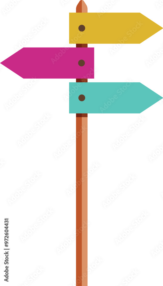 Wooden signpost showing three different directions with colorful arrows, great for travel and tourism concepts Wooden signpost showing three different directions with colorful arrows, great for travel and tourism concepts