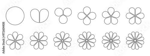 Flower diagrams with petals. Floral pie chart divided on equal sectors from 1 to 12 in leaf shapes isolated on white background. Business data presentation templates. Vector outline illustration.