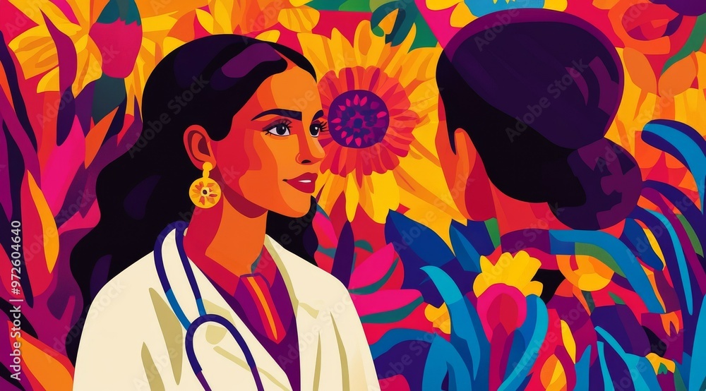 A vibrant conversation between a healthcare worker and a patient surrounded by radiant sunflowers during a warm afternoon A vibrant conversation between a healthcare worker and a patient surrounded by radiant sunflowers during a warm afternoon